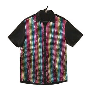 Jogal Rainbow Metallic Foil Grid Disco Button Down Shirt Men's M Pride Festival